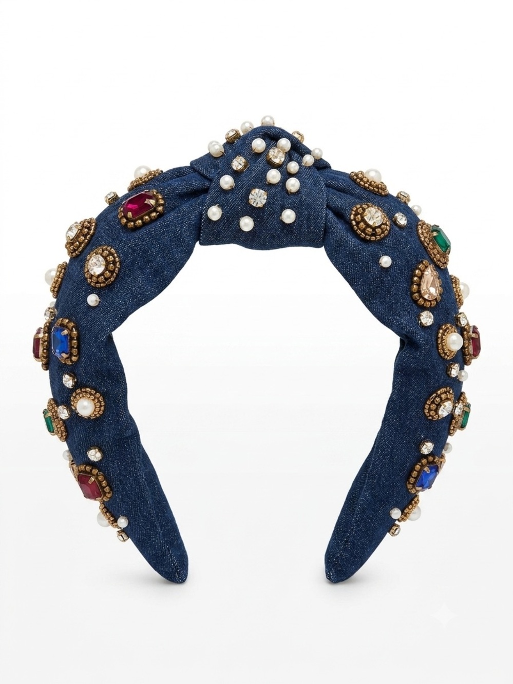 Embellished Denim Knot Headband Beaded Rhinestone & Pearl Jeweled Hair Accessory